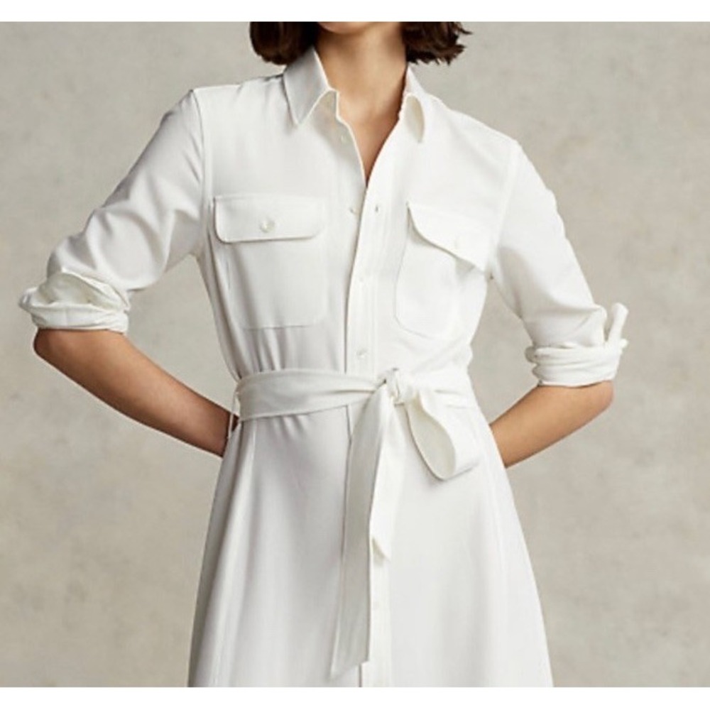 POLO Ralph Lauren Shirt Dress Belted Split Hem Size 4 Pleated Lower Hem Ivory‎ - Picture 9 of 12